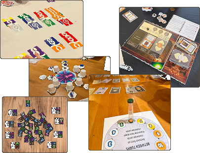 Collage of board game prototypes: cards, boards, tokens, and playtest setups